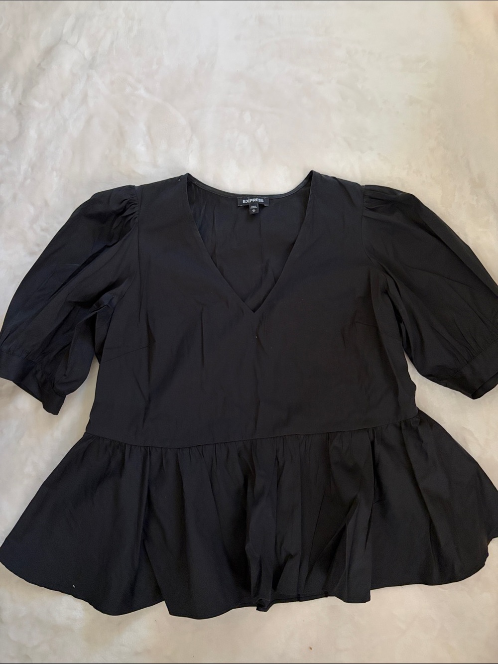 Express Black V-Neck Peplum Blouse with Puff Sleeves